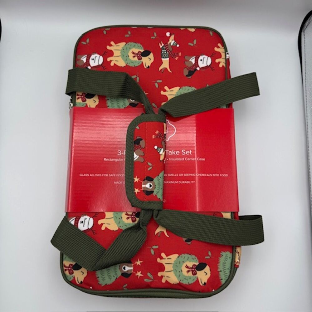 Joyland Bake & Take 3-PC Casserole Dish Holiday Insulated Dogs Bag 2.3QT READ